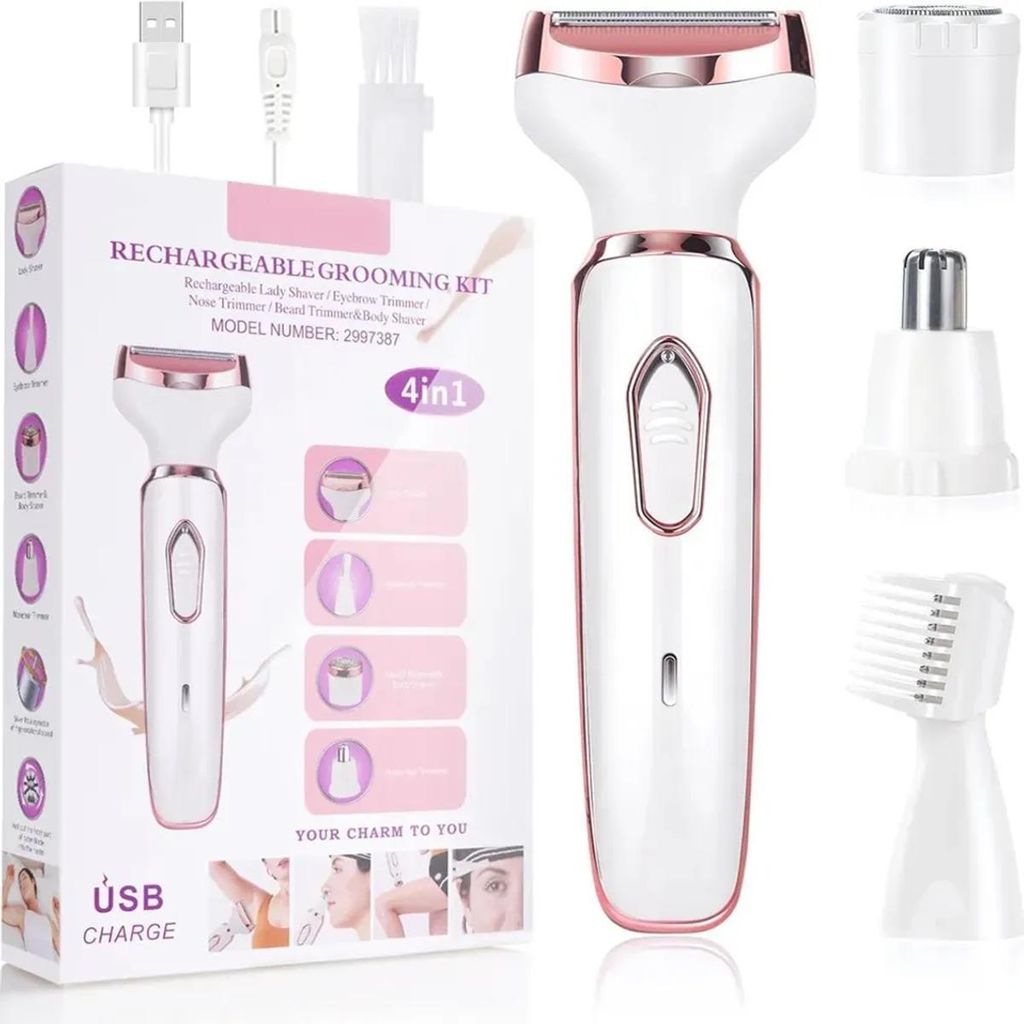 USB-Wiederaufladbarer 4-in-1 Damenrasierer, wasserdicht mit LED für Körper & Gesicht