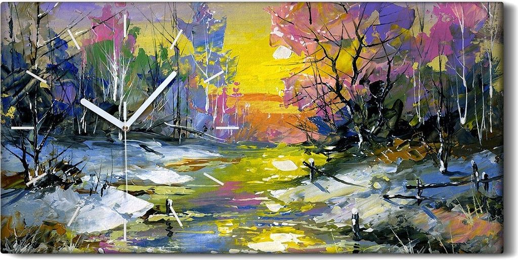 Wandbild Leinwand Bilder mit Uhr 60x30 Winter Landschaft mit dem Wald Fluss - weiße Hände