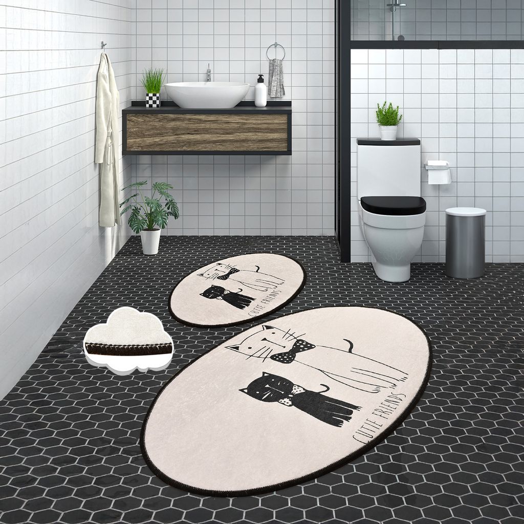 Bosdela Ovales 2-Teiliges Badezimmerteppich-Set, WC-Vorleger-SetLittle Cat