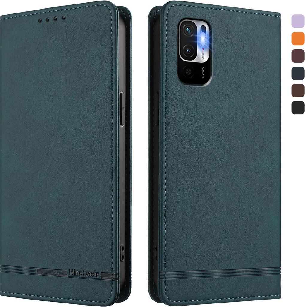 Hülle für Xiaomi Poco M3 Pro/ Redmi Note 10 5G, Retro Kunstleder Ständer Klapphülle mit Kartenfächer und Magnetische Grün