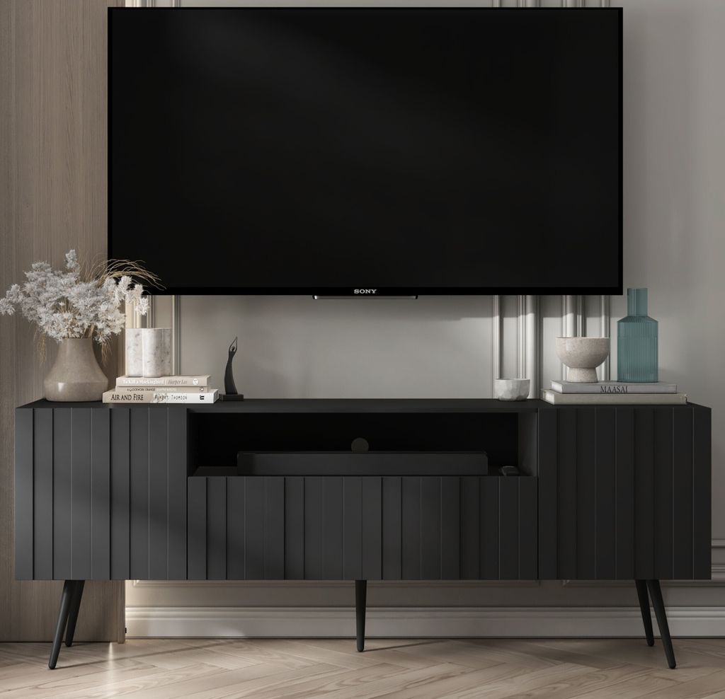 TV-Schrank Glamour RTV RTV-Schrank Elpis 2 - Modern - Lindner Möbel - 150cm x 60,5cm x 36,5cm, Farbe: Schwarz matt, Schwarz Metallbeine