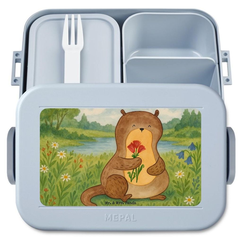 Mr. & Mrs. Panda Bento Box Otter Blumenstrauß Design - Blau Pastell - Geschenk, Essensbox, Snackbox, Niedlich, Lunchbox, Seeotter, Frischhaltedose...