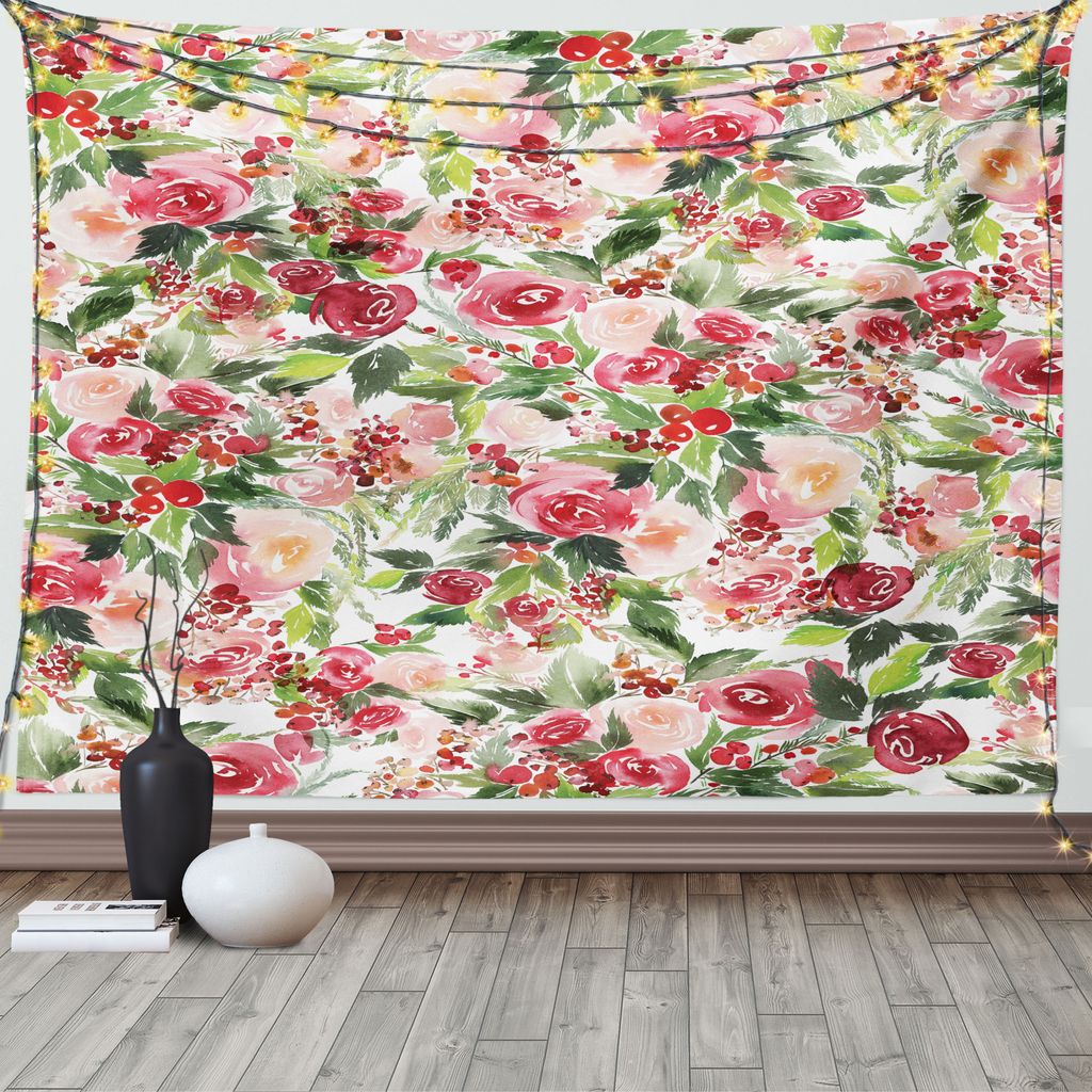 ABAKUHAUS Blumen Wandteppich, Roses Beeren Blumenstrauß Kunst, Wohnzimmer Schlafzimmer Wandtuch Seidiges Satin Wandteppich, 150 x 100 cm, Grün Rosa