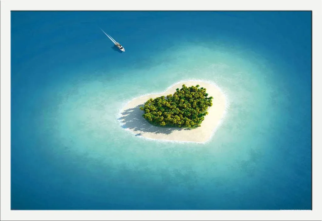 Spiagge - Poster - Isola del cuore + cornice rimovibile, Shinsuke® Maxi MDF bianco, vetro acrilico