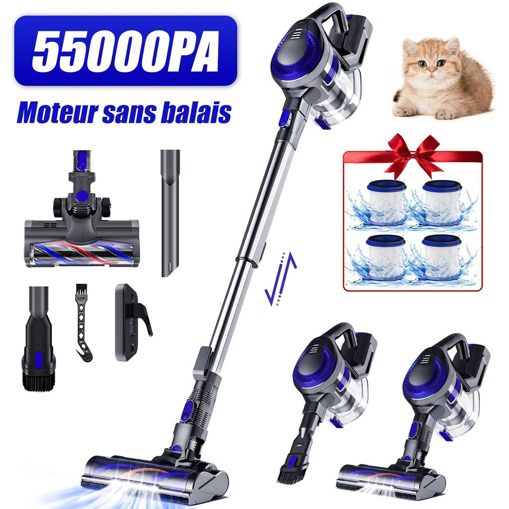 Collage of a cordless vacuum cleaner and its accessories, with promotional text and an image of a kitten.