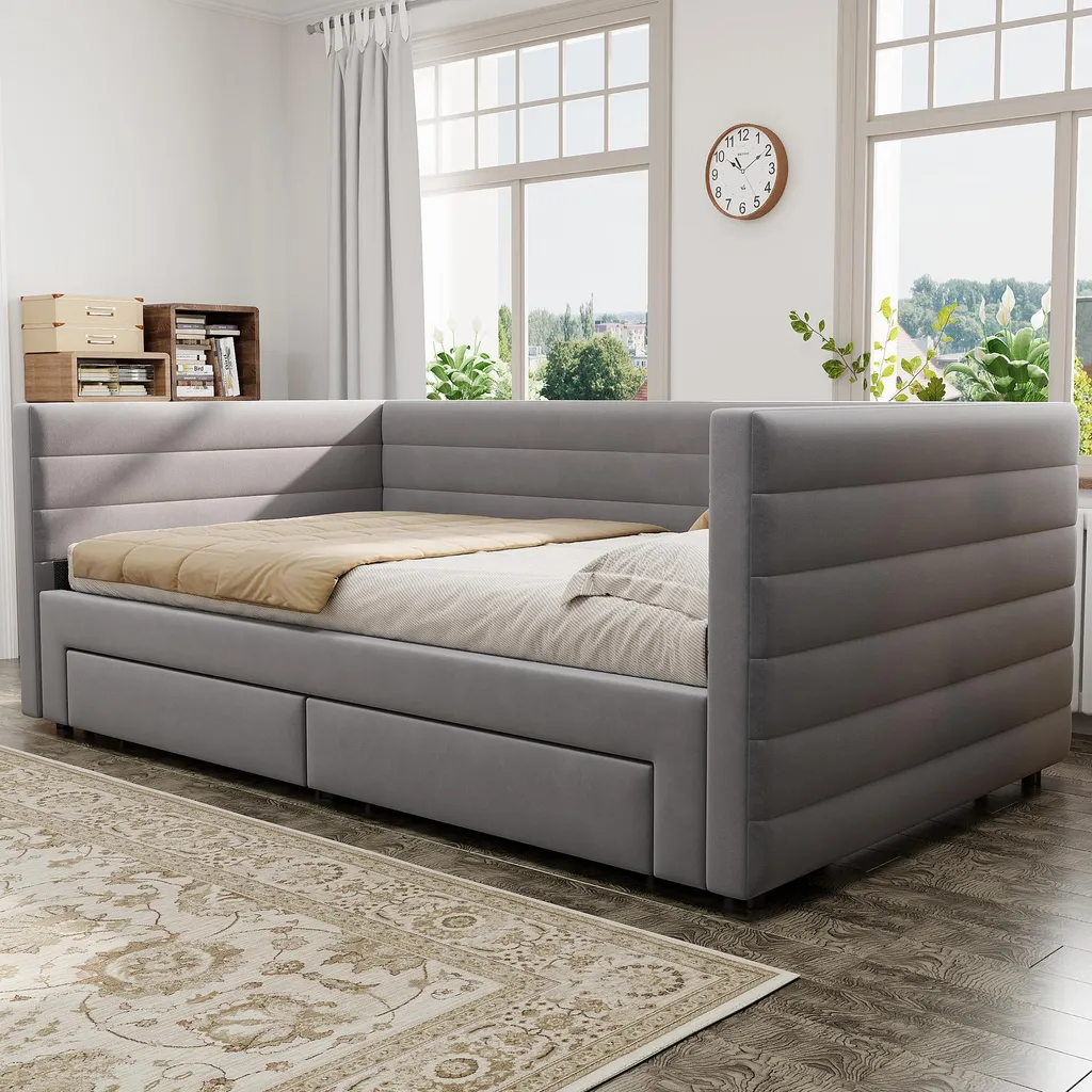 Lit banquette gigogne 90x190 cm gris multifonction avec rangement bois