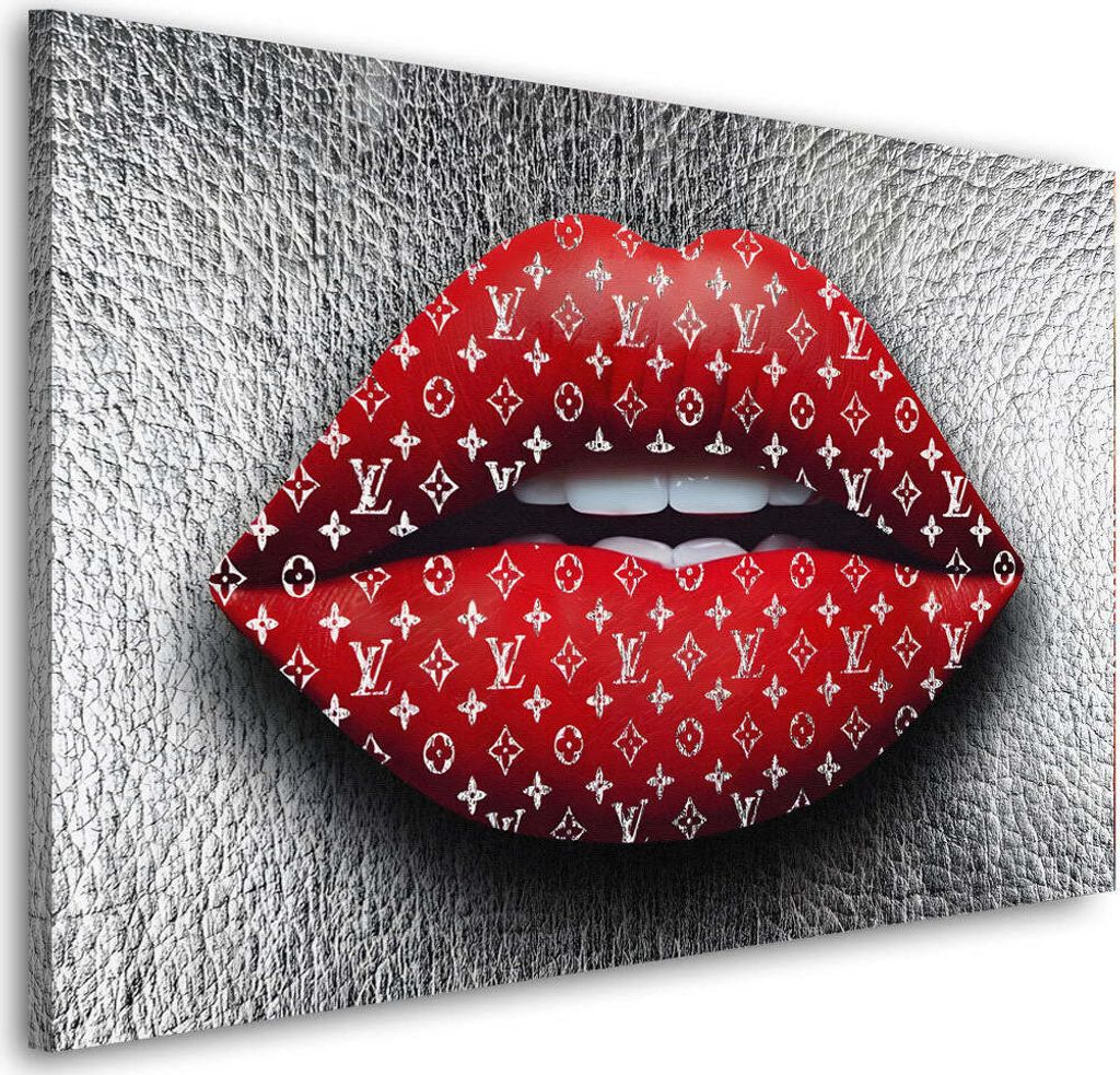 Rote Lippen mit Luxusmuster auf silbernem Hintergrund Wandbild XL Wanddeko: 120x80x4cm