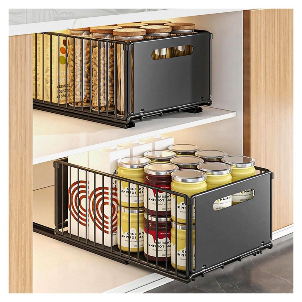 2 Stück Teleskopschublade, Ausziehbare Schubladen aus Kohlenstoffstahl, 24,5x37,5x19 cm, Schublade für Küchenschränke, Schwarzer Schrankorganizer