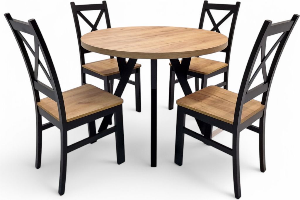 Runder ausziehbarer Esstisch Giuseppe Ø100 (150/200 cm) + 4 Stühle Sofia – elegantes Esszimmer-Set, Holz, Eiche Craft Gold