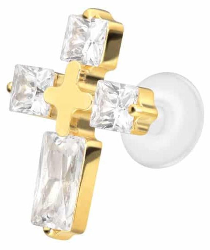 Ohrpiercing, Nasenpiercing PTFE Labret mit Innengewinde + Titan-Aufsatz KRISTALLKREUZ Gold Stablänge: 5mm | Stabstärke: 1,2mm