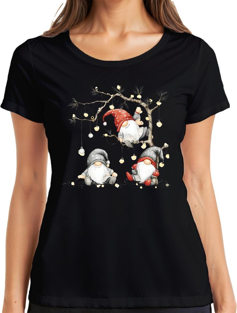 Weihnachtswichtel Lichterkette Niedlich Skandinavisch Geschenk Damen T-Shirt, Schwarz, XL