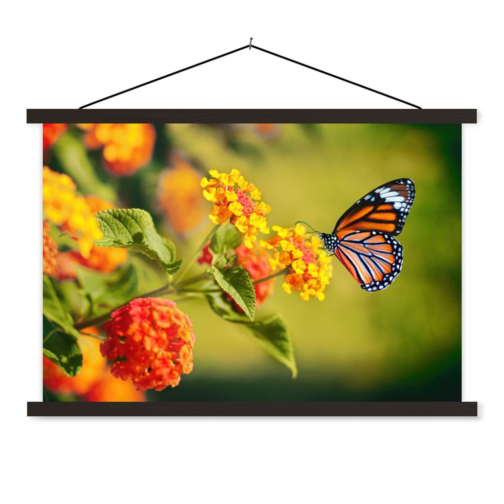 MuchoWow Textilposter Schmetterling - Insekten - Blumen - Gelb 90x60 cm mit schwarzem Rahmen - Aufhängungssatz