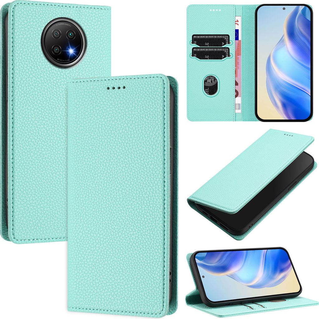 Litchi Leder Handyhülle für Xiaomi Redmi Note 9T Wallet Kartenfächer Standfunktion Hülle Türkis