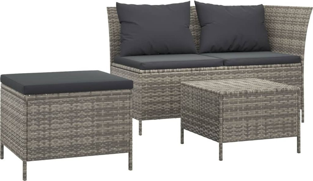 3-tlg. Garten-Lounge-Set mit Kissen Grau Poly Rattan