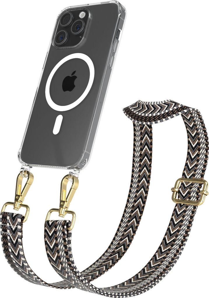 EAZY CASE - Handykette mit MagSafe Hülle für Apple iPhone 15 Pro Max, Handyband ZigZag Style,Karabiner Gold, Umhängeband in Grau