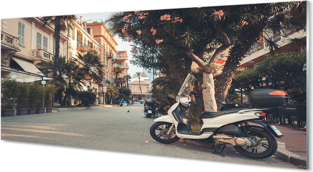 Glasbilder 125x50 Wandkunst Motorräder Stadt Palme Sommer