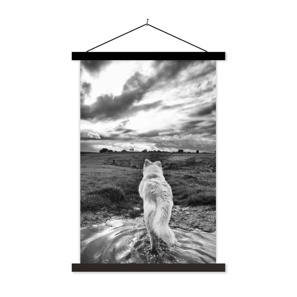 MuchoWow Textilposter Wolf mit Blick auf die Landschaft in Schwarz und Weiß 40x60 cm mit schwarzem Rahmen - Wanddekorationen
