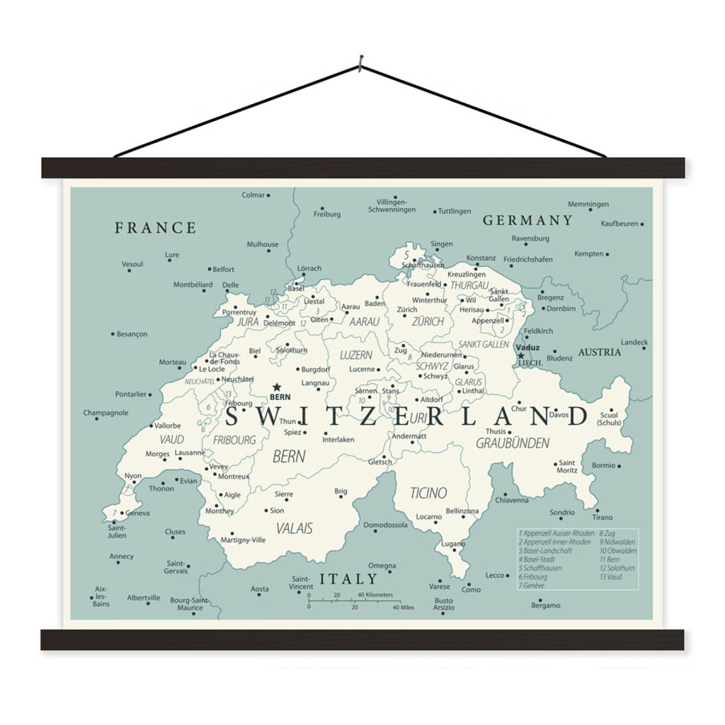 MuchoWow Textilposter Alte Landkarte der Schweiz 120x90 cm mit schwarzem Rahmen - Aufhänger für Poster
