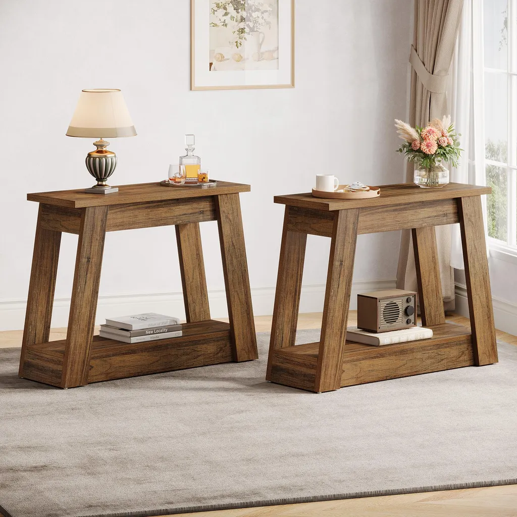Table d'appoint rustique à 2 niveaux en bois robuste pour petit espace