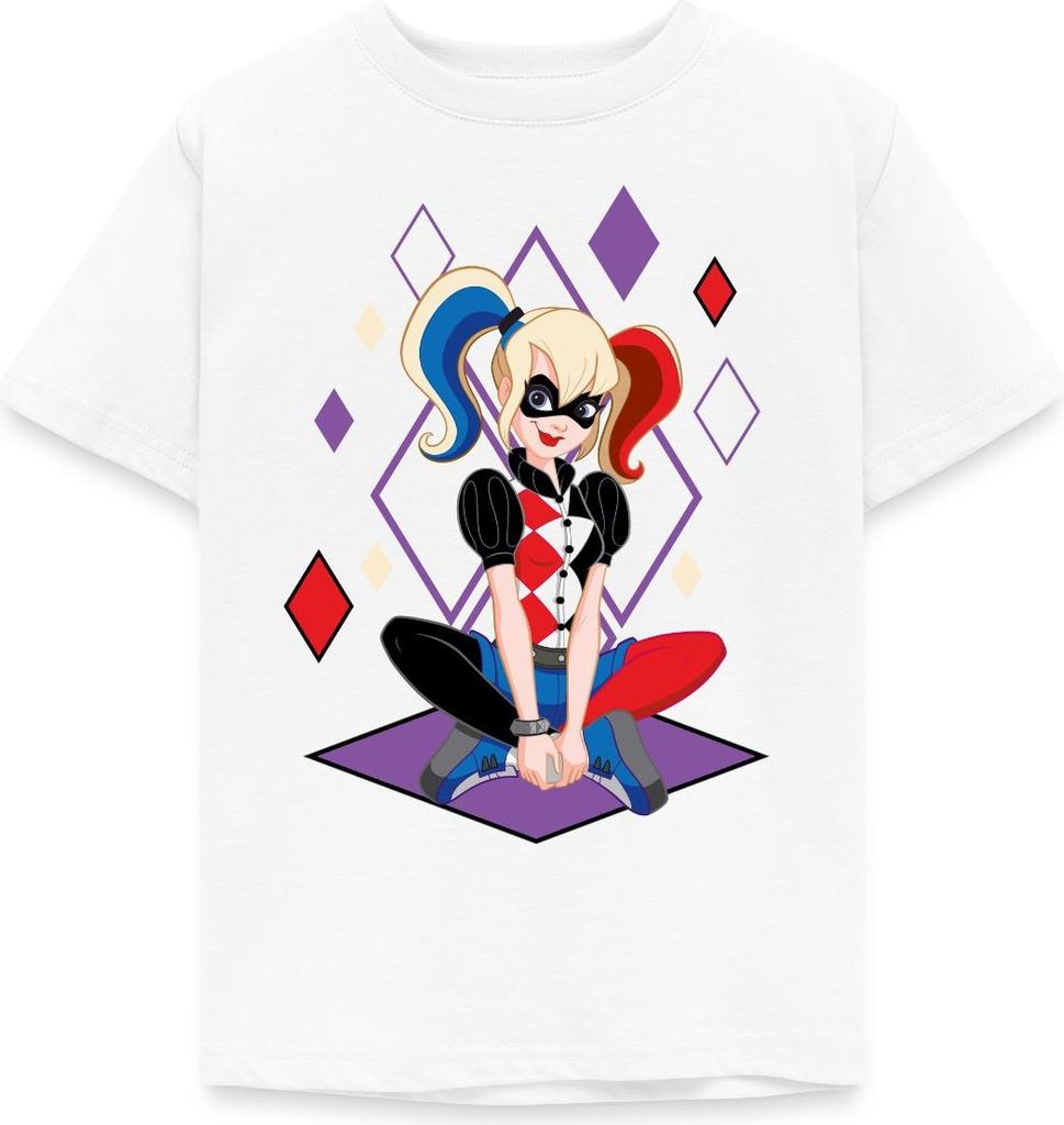 Spreadshirt Super Hero Girls Harley Quinn Kinder T-Shirt, 110/116 (5-6 Jahre), Weiß