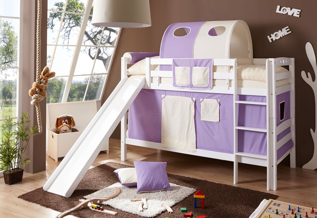 Etagenbett mit Rutsche "Lupo" Buche massiv Weiß (Lila-Beige)