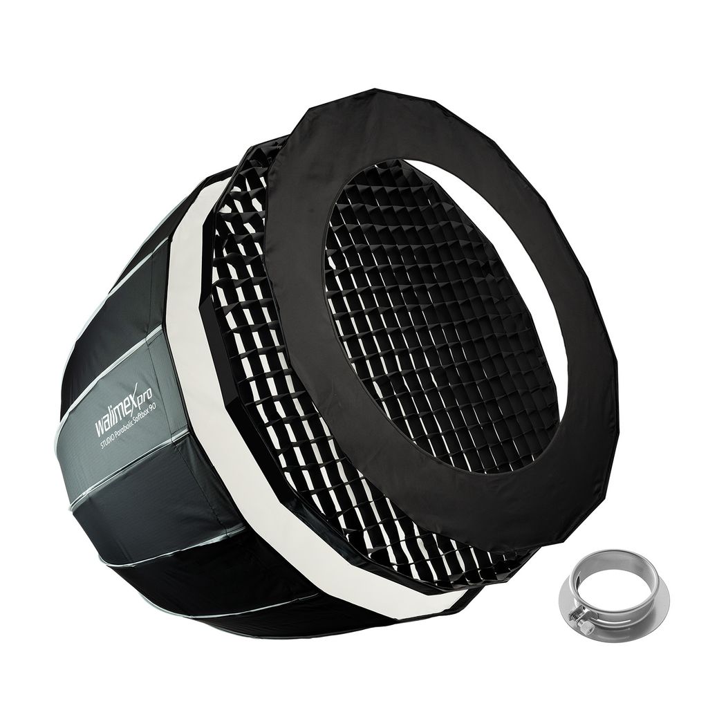 Walimex pro Studio Parabolic Softbox 90cm + Profoto Adapter 15,2cm, 360°, Schirmfunktion, inkl. Grid, Maske, Bowens Adapter und Transporttasche, i...