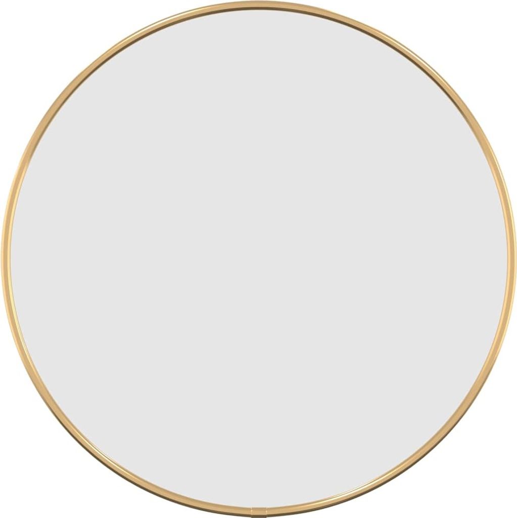 A round mirror with a gold frame.