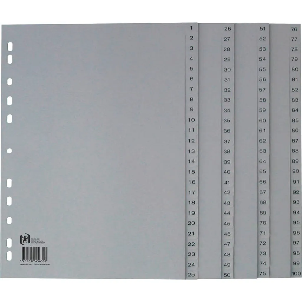 Oxford Register PP A4 100 Touches 1-100 Intercalaires Indexés Gris