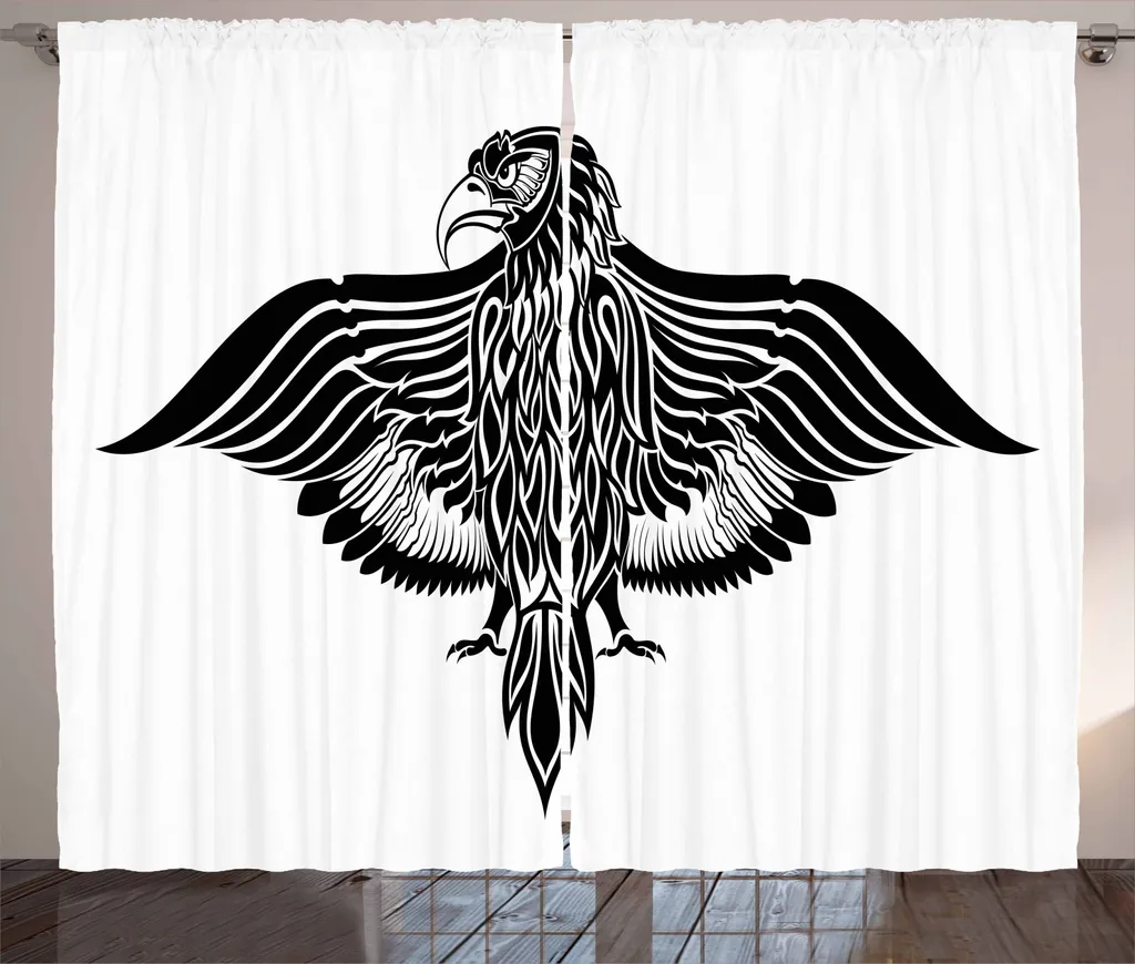 ABAKUHAUS Tenda rustica Adler, uccello araldico tradizionale, tenda con passanti e ganci per camera da letto, 280 x 245 cm, bianco e nero