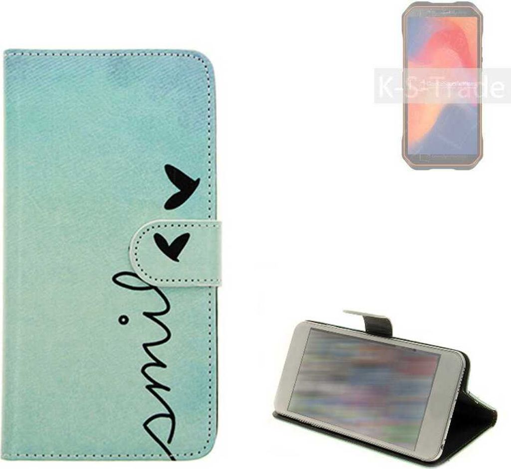 K-S-Trade Schutz Hülle Handy Hülle kompatibel mit Doogee S51 Hülle Handyhülle cover bookstyle Etui Handyhülle ''smile'' türkis Standfunktion