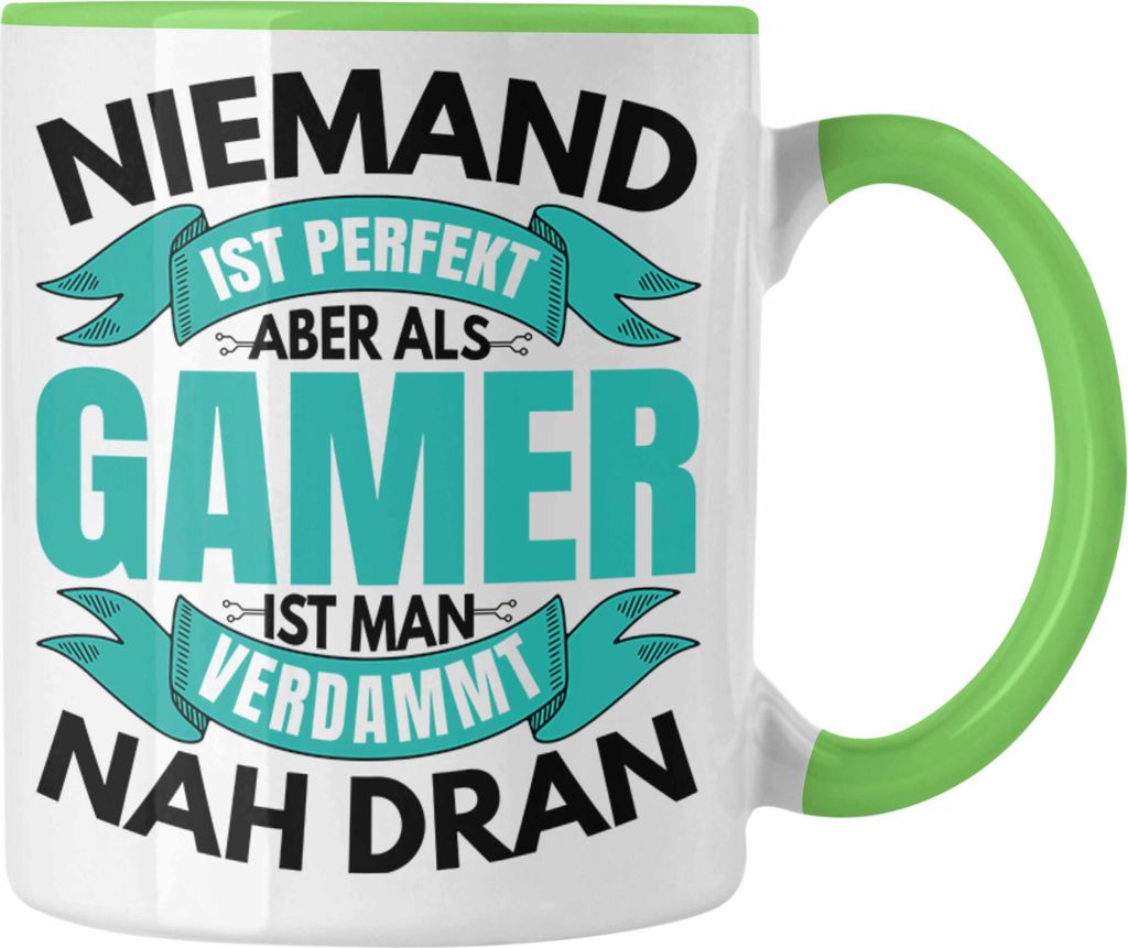 Trendation - Niemand Ist Pefekt Aber Als Gamer Ist Man Nah Dran Tasse Geschenk für Jungs Jungen Geschenkidee zum Geburtstag Lustiger Spruch (Grün)