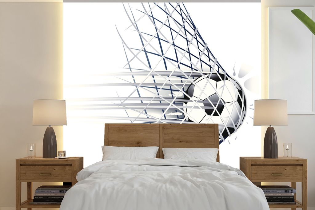MuchoWow Fototapete für Wohnzimmer oder Schlafzimmer Wandtapete Vinyl Motivtapete Eine Illustration eines Fußballs, der ins Tor geht - Jungen -...