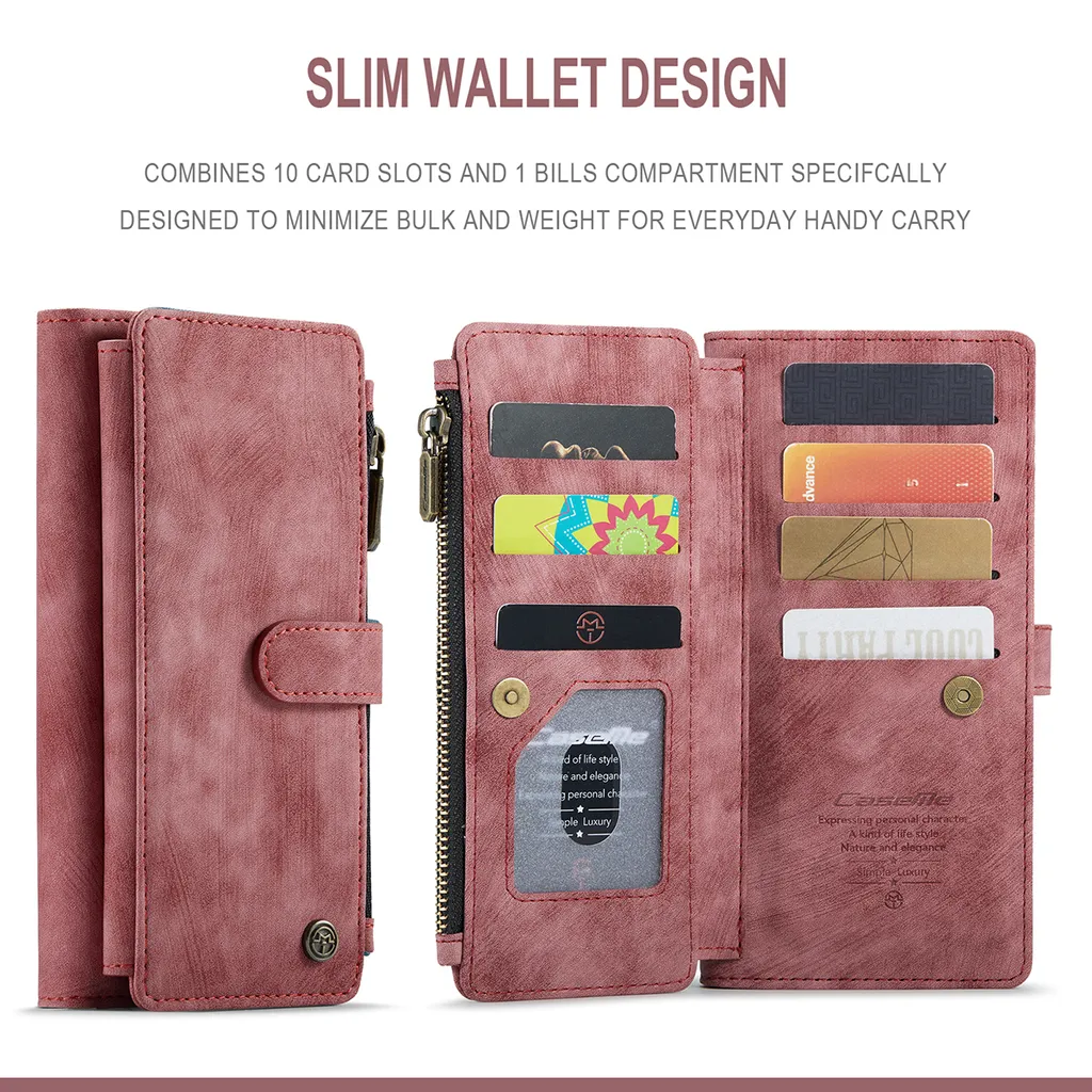 Galaxy S21 FE 5G custodia per telefono cellulare, chiusura a zip custodia in Finto cuoio flip cover chiusura magnetica porta carte funzione stand portafoglio custodia protettiva per Samsung Galaxy S21 FE 5G rosso - 2
