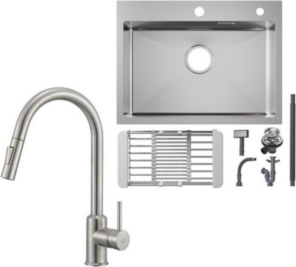 Küchenspüle 1.5 Becken 70x44cm EdelstahlSpüle Gebürstete Unterbauspüle mit Ausziehbarer Küchenarmatur mit 2 Strahlarten gebürstete Hohe 404MM