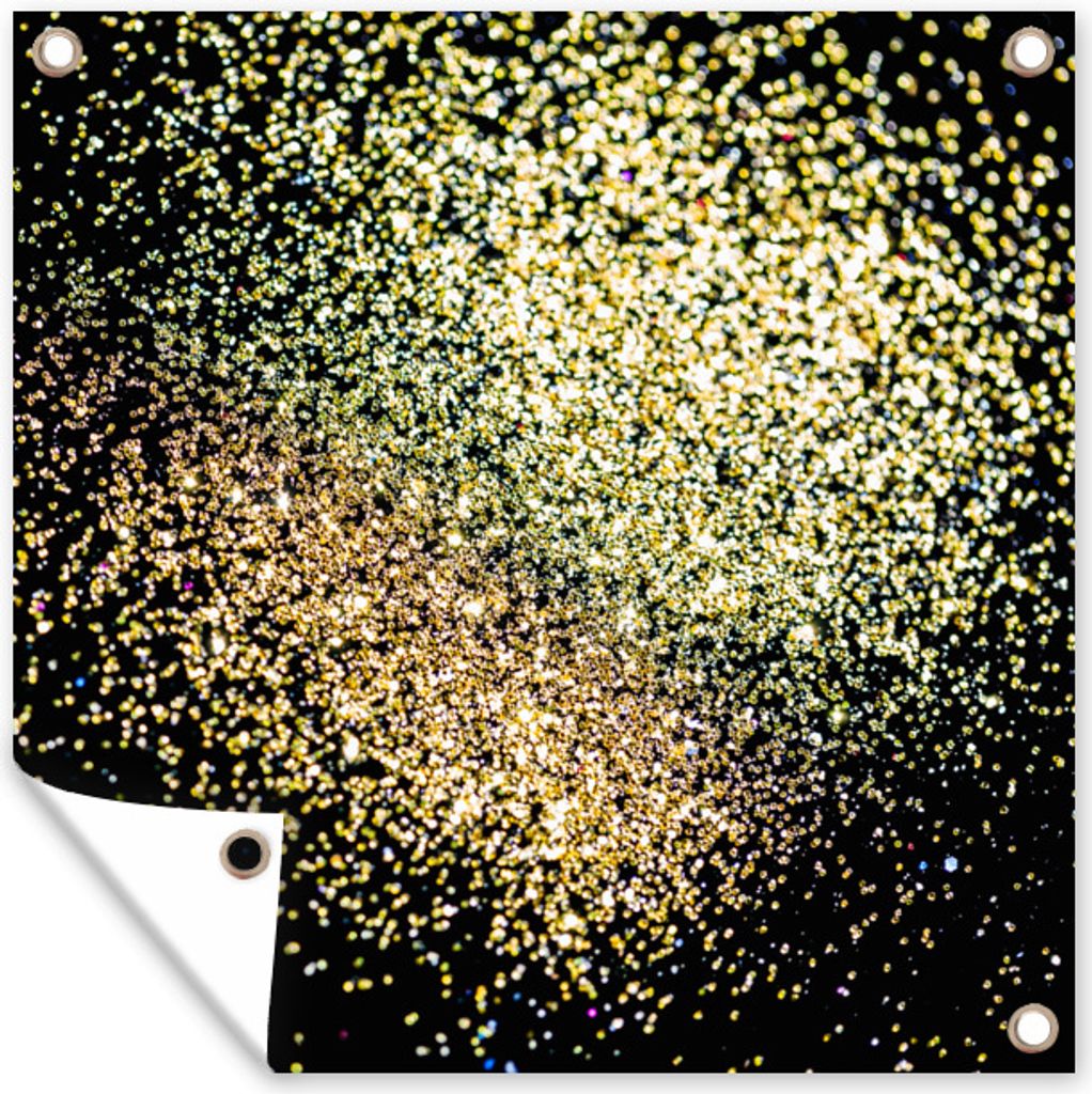 MuchoWow 100x100 cm Outdoor-Poster Gartendeko Sichtschutz Garten Poster für den Garten Goldenes Glitzern auf schwarzem Hintergrund