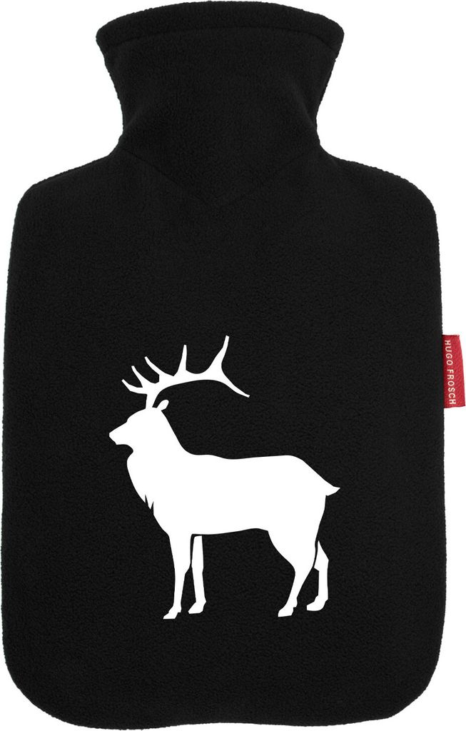 Huuraa Wärmflasche Hirsch Silhouette 1,8 Liter Black Classic Veloursbezug Bettflasche Geschenkidee