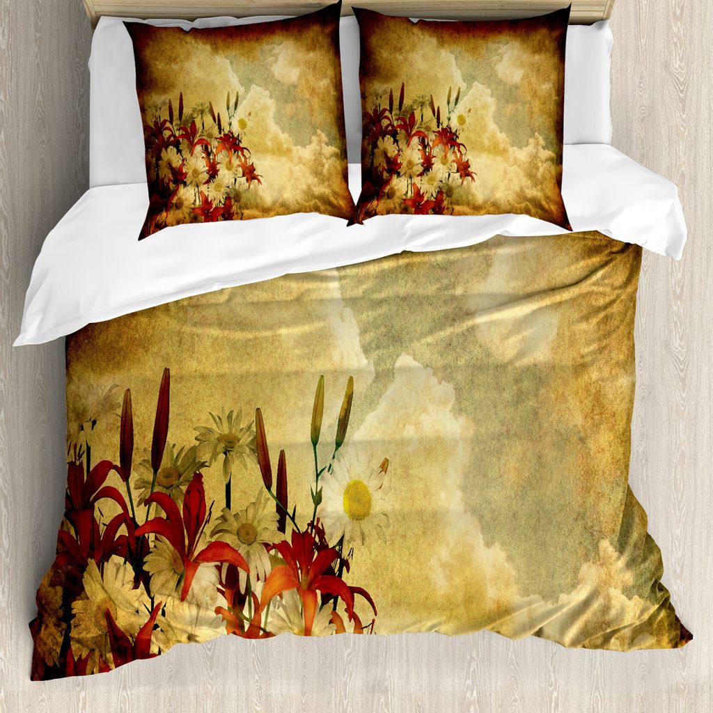 ABAKUHAUS Burnt orange Bettbezug, Retro Blumen Kamille, Milbensicher Allergiker geeignet mit Kissenbezügen, 200 cm x 200 cm - 80 x 80 cm, Tan orange