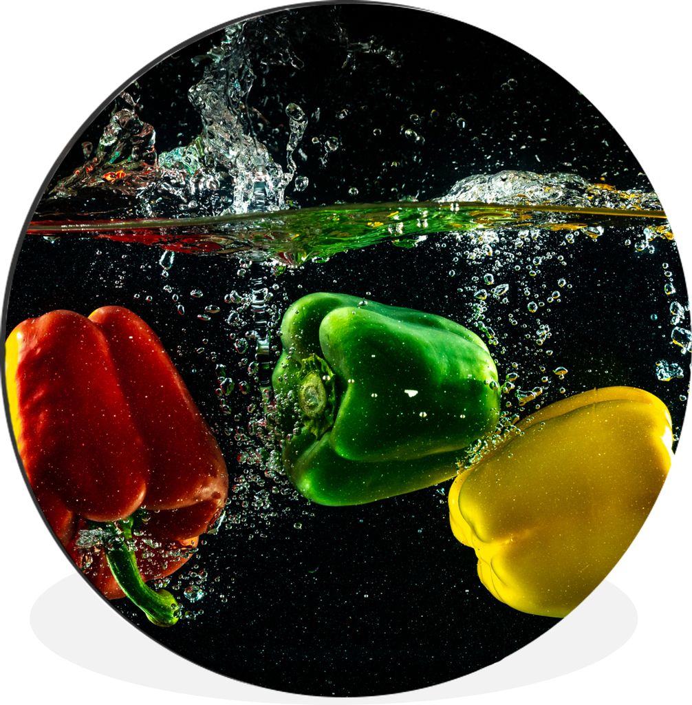 MuchoWow Aluminium Wandkreis Paprika - Gemüse - Wasser - Schwarz - Rot - Grün - Gelb Ø 90 cm Wanddeko Modern Wohnzimmer - Mauerkreis - Wandbil...