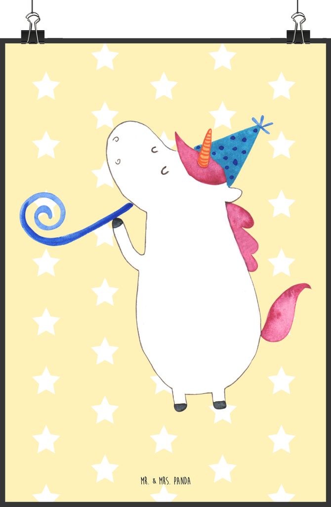 Mr. & Mrs. Panda Bild Einhorn Party DIN A2 - Gelb Pastell - Geschenk, Unicorn, Einhörner, Club, Wanddeko, Geburtstag, Wandbild, kunstdruck poster,...