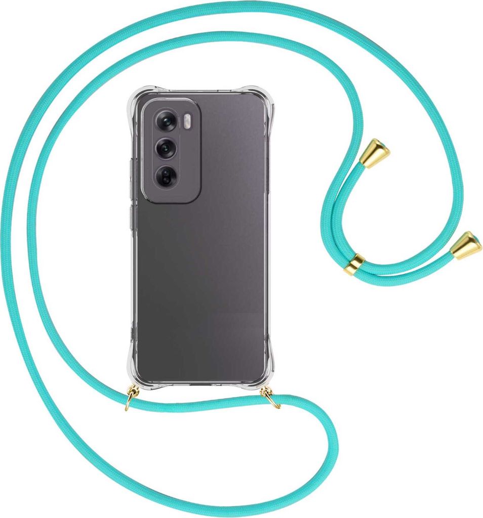 Handykette Backcover-Schutzhülle mit Band (Metall goldfarben) für OPPO Reno 12 5G - türkis