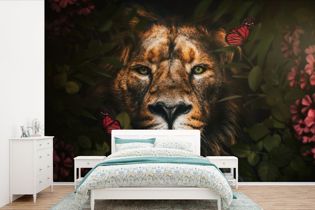 MuchoWow Fototapete für Wohnzimmer oder Schlafzimmer Wandtapete Vinyl Motivtapete Dschungel - Löwe - Schmetterling - Blumen - 360x240 cm - Viny...