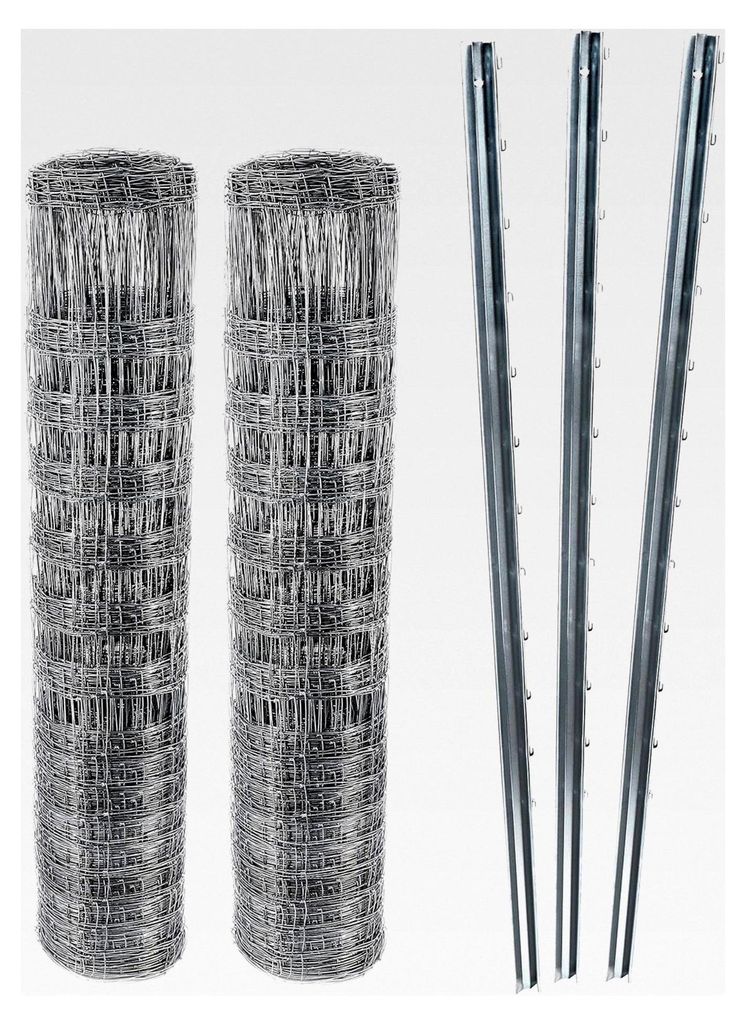 Z-Profil Zaunpfosten Wildzaun Komplettset I 100m Knotengeflecht Zaun 150/12/30 und 30 Zaunpfähle 2m I Weidezaun inkl. Zaunpfosten für Forst- und ...