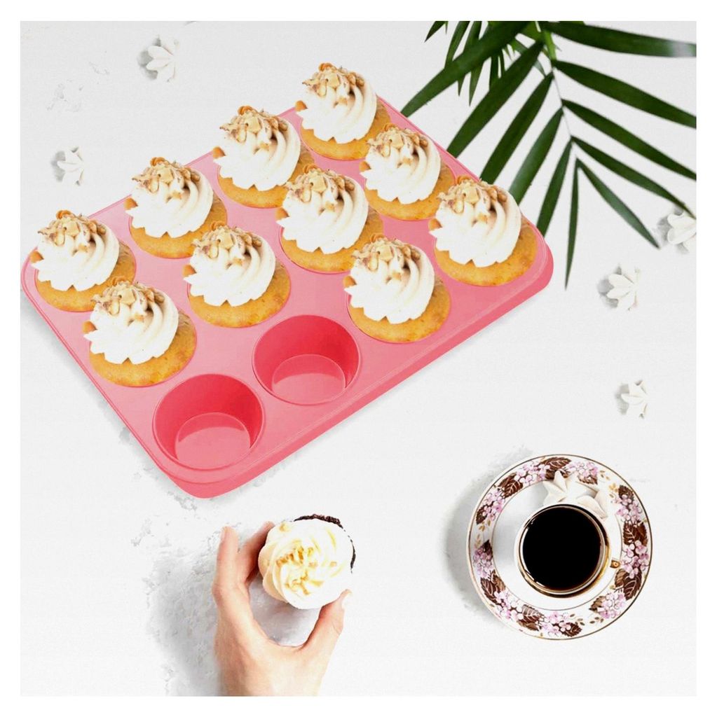 Muffinblech 12er, 2 Stück Muffinform, Silikon Backform, Rosa, Groß - Für Kuchen, Muffins, Puddings (29 x 22 x 3 cm)