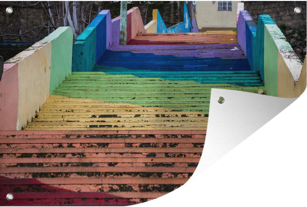 MuchoWow 120x80 cm Outdoor-Poster Gartendeko Sichtschutz Garten Poster für den Garten Regenbogenfarben auf einer Treppe in Jordanien