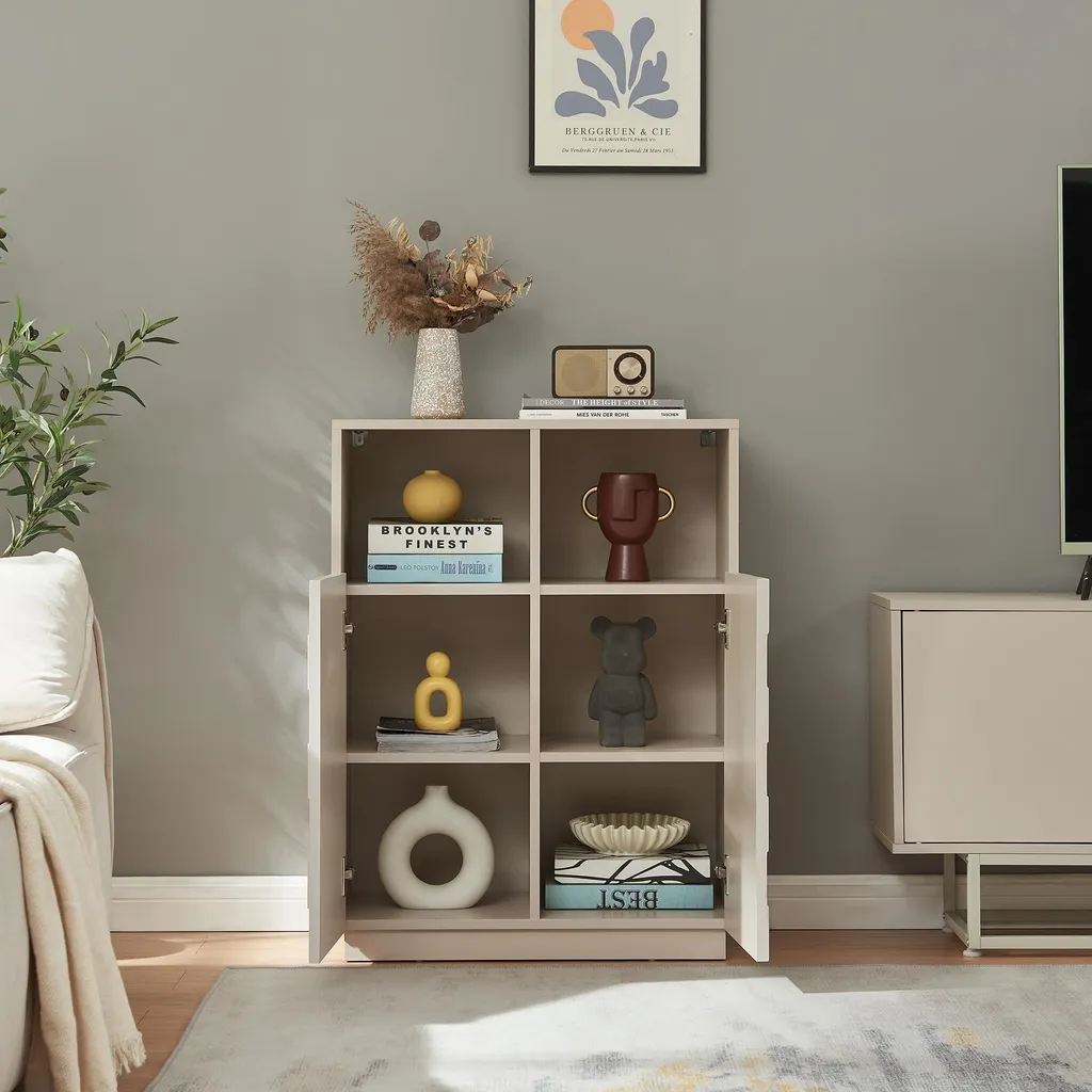 Petit buffet haut de rangement beige 2 portes avec façade texturée 3D - 5