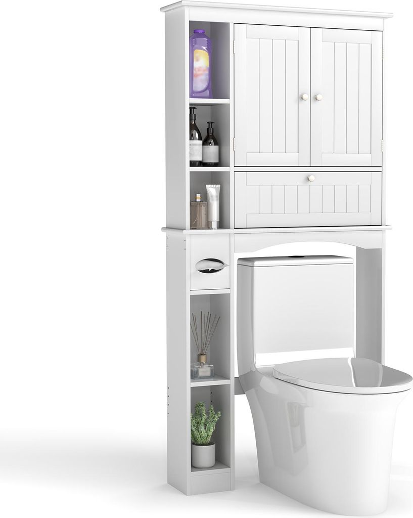 COSTWAY Toilettenschrank mit 3 Türen&verstellbaren Regalböden, Toilettenregal, Badezimmerschrank freistehend, Waschmaschinenregal weiß 80x21x165 cm