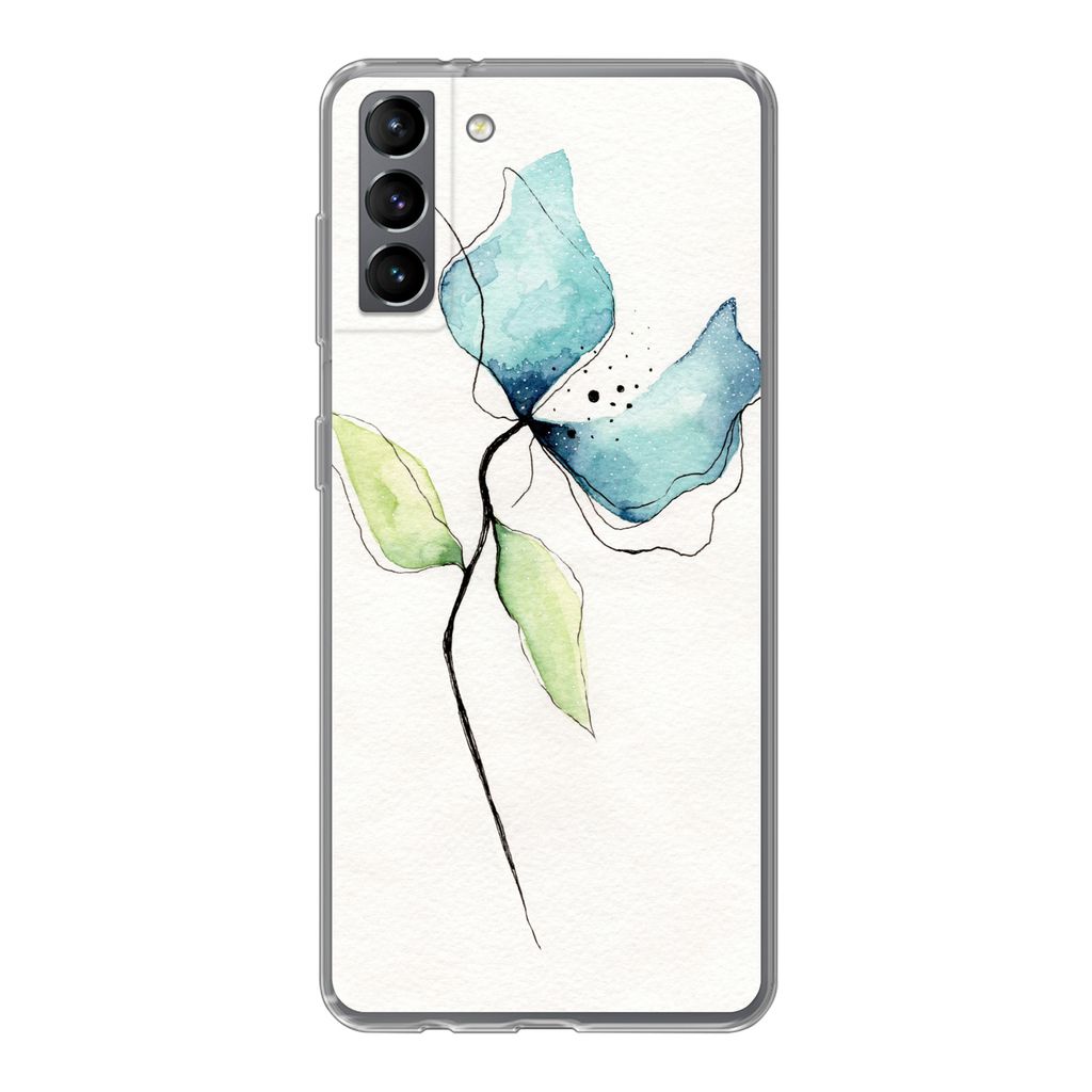 MuchoWow Handyhülle Schutzhülle Hülle für Samsung Galaxy S21 Plus Blumen - Aquarell - Blau Silikon Softcase Handy Hülle - Handy-Tasche