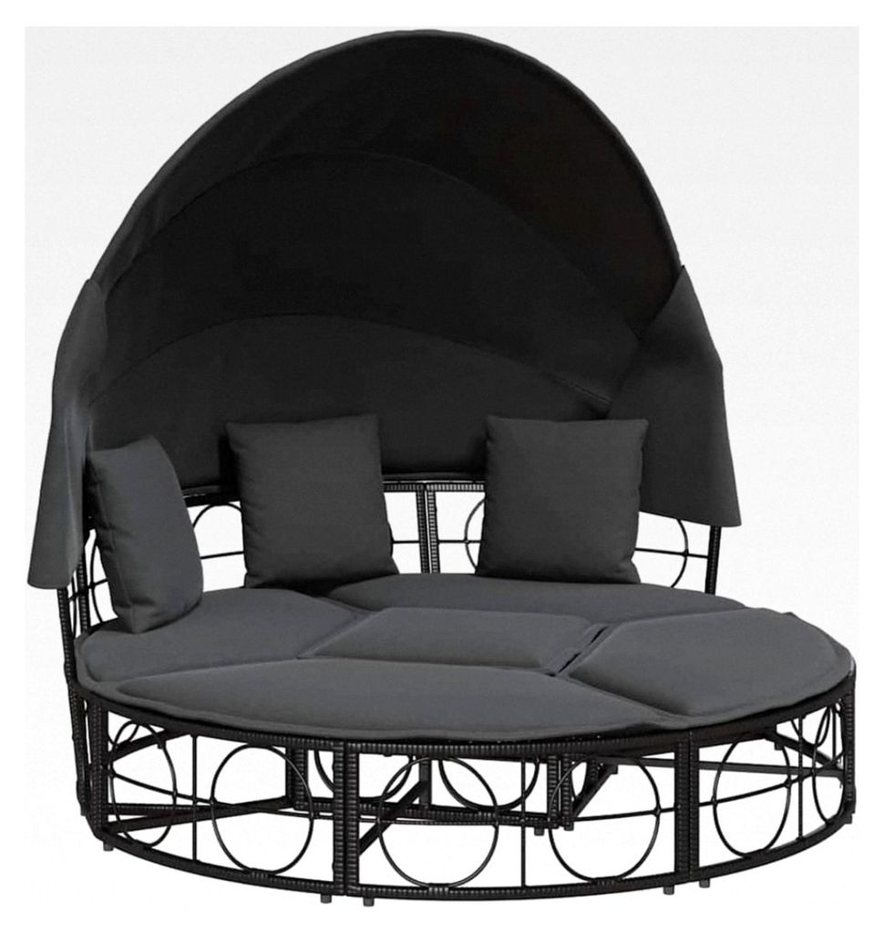 Loungebett für den Außenbereich mit Dach und Kissen in Schwarz aus Poly Rattan