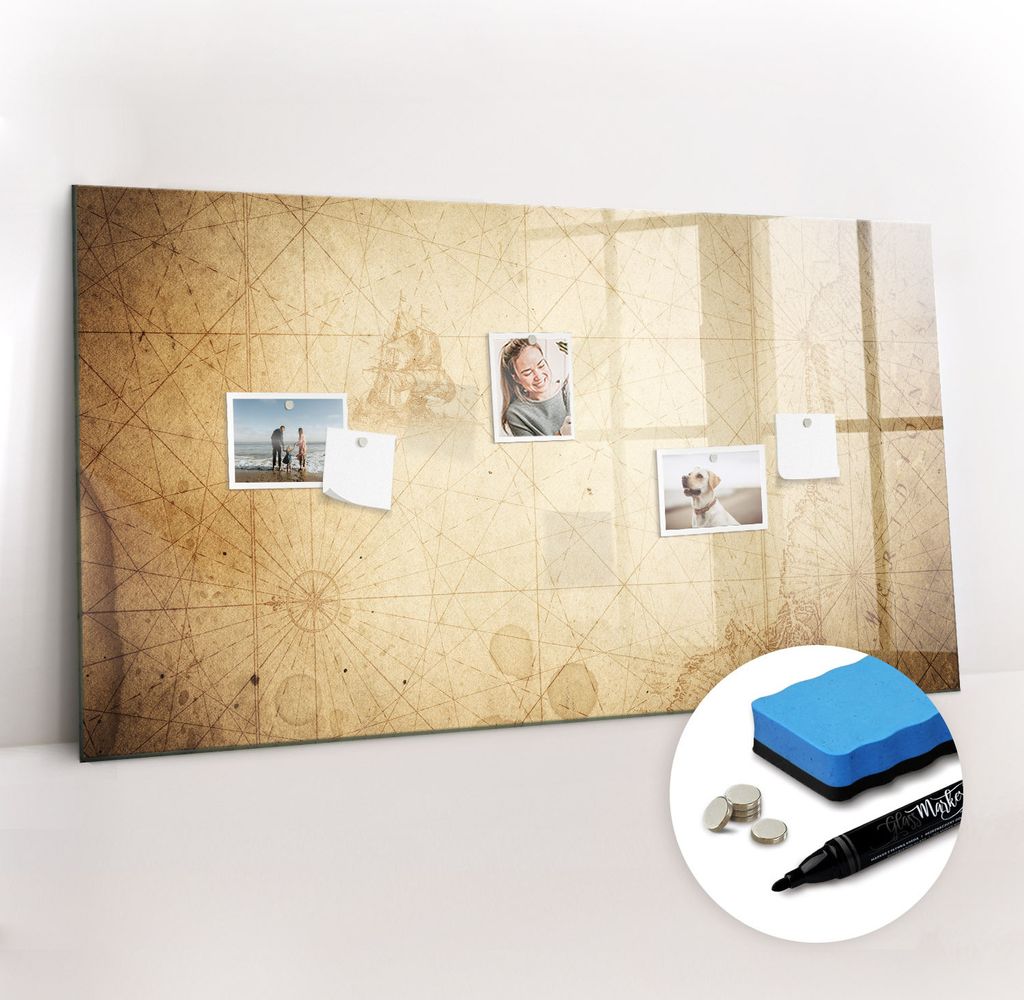 Magnetpinnwand Memoboard - Zubehörsatz - Schwarzer Marker + Schwamm + Magnete - 120 x 60 cm - Alte Weltkarte