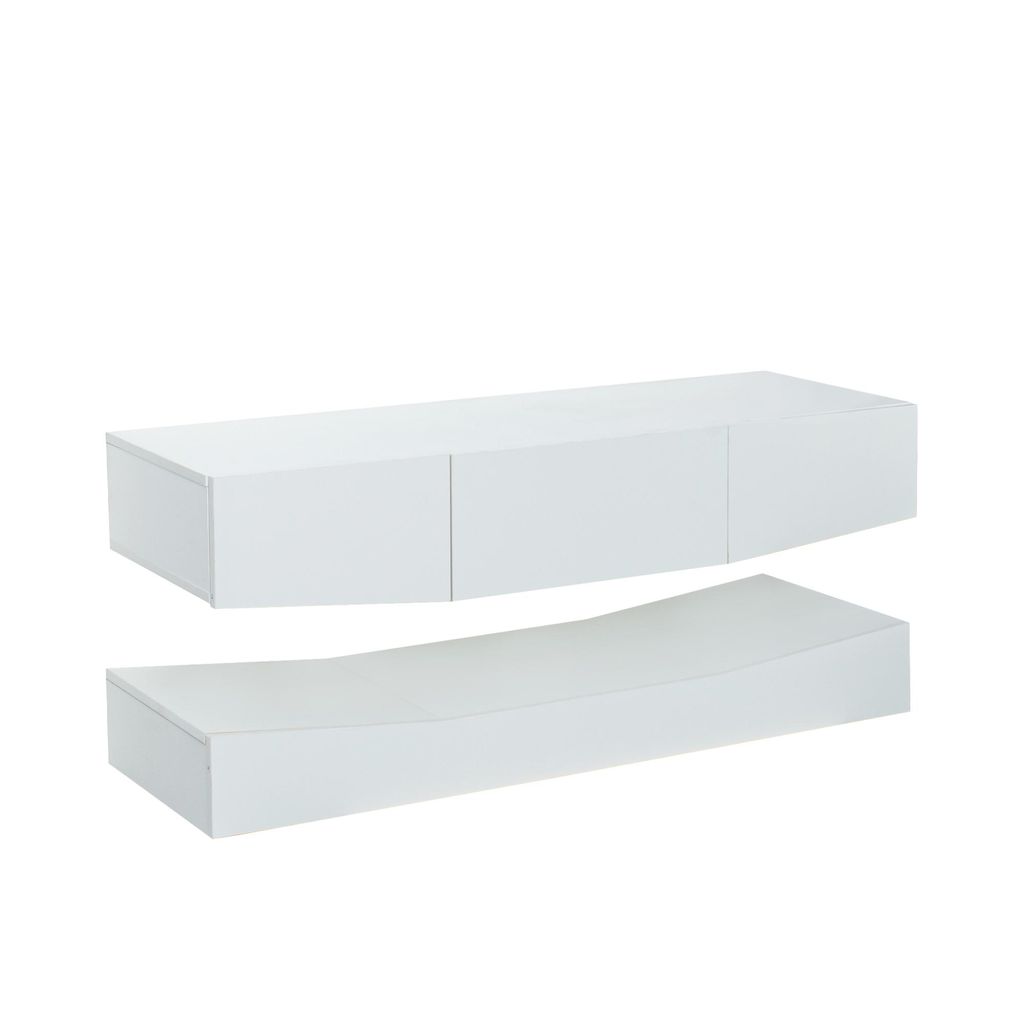 Weisses TV-Schrank zweistufiges TV-Lowboard mit LED Beleuchtung UV Hochglanz modernes Wohnzimmer TV-Moebel Wandmontage und Standmontage W120xD40xH2...